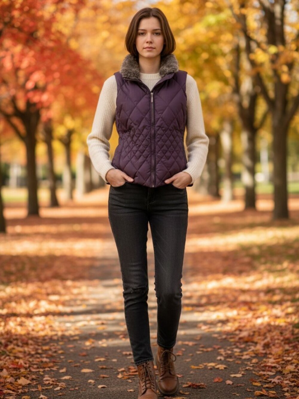 Eddie Bauer Premium Goose Down Puffer Vest Faux Fur Collar Plum Size M Outdoor